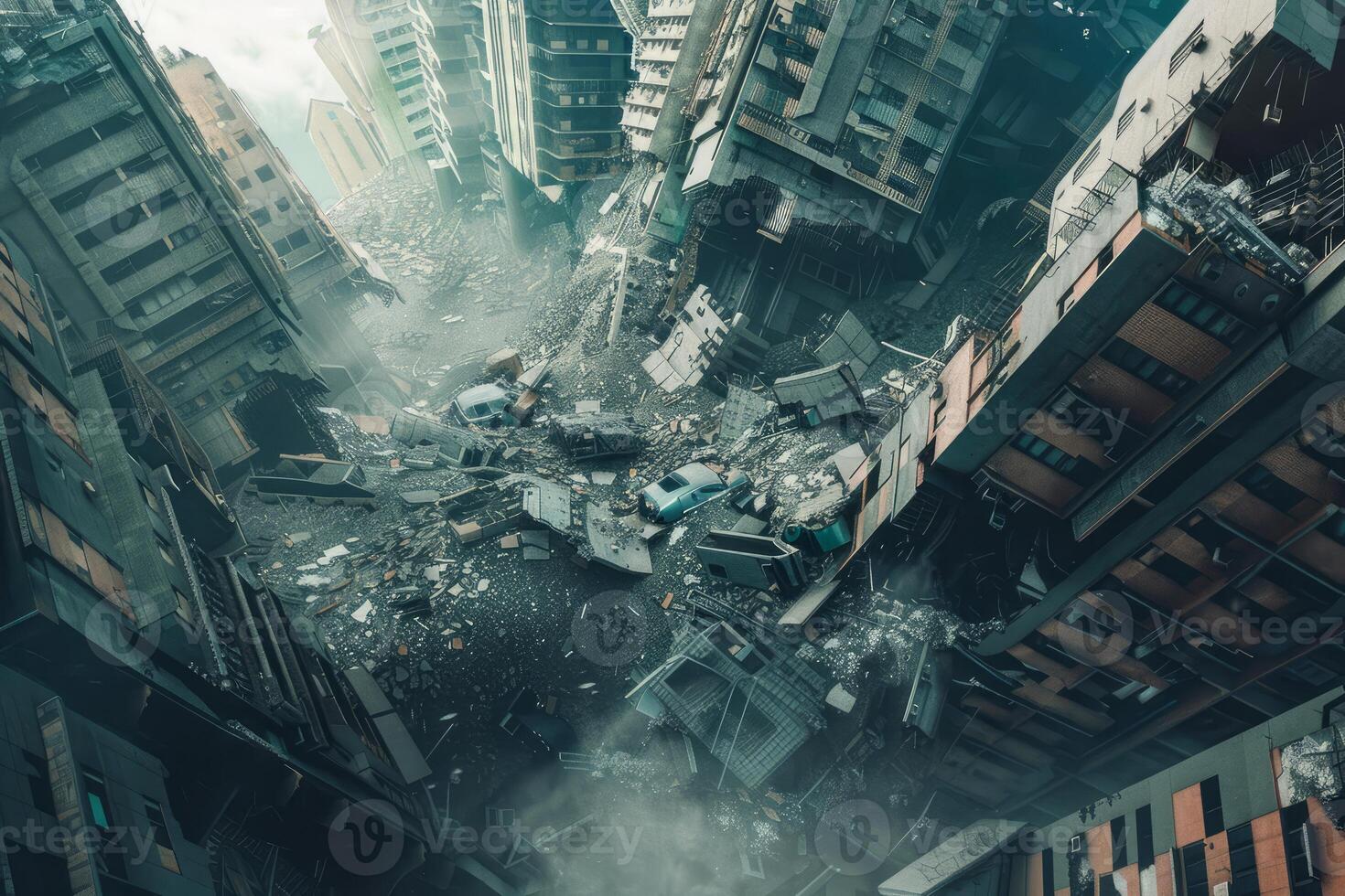 Surreal scenery of a city in ruins, depicting desolation and the aftermath of a catastrophe photo