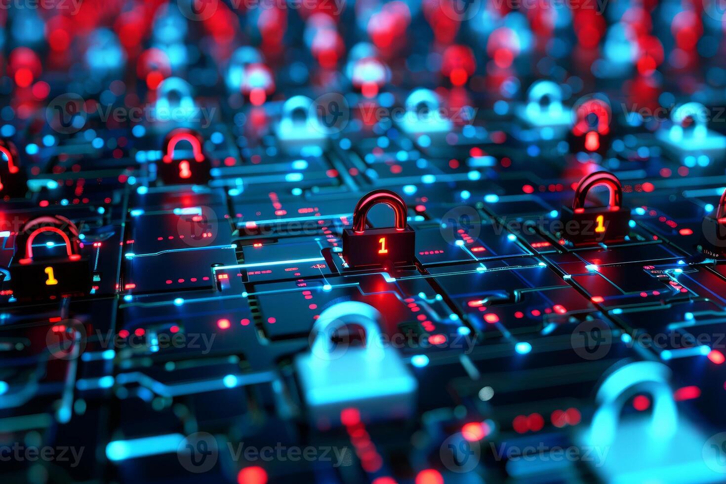 Abstract image of multiple digital padlocks securing a network, symbolizing data security photo