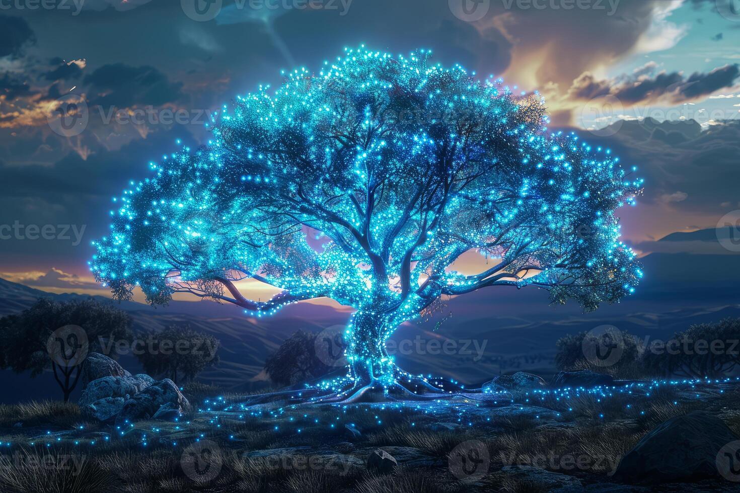 Enchanted glowing tree against twilight sky photo
