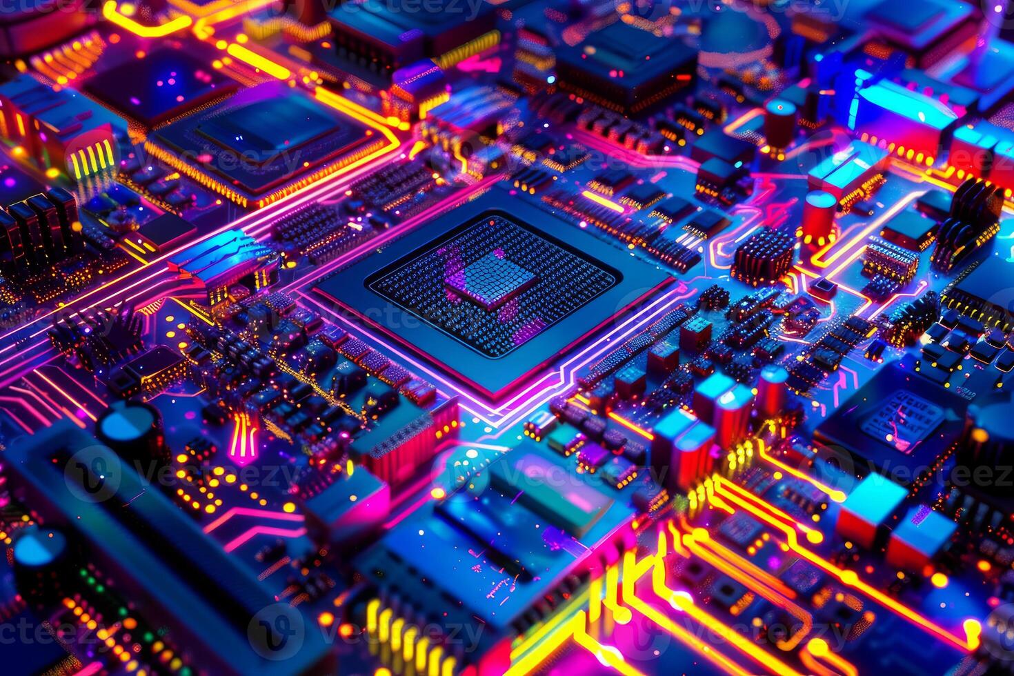 Futuristic circuit board with illuminated cpu photo