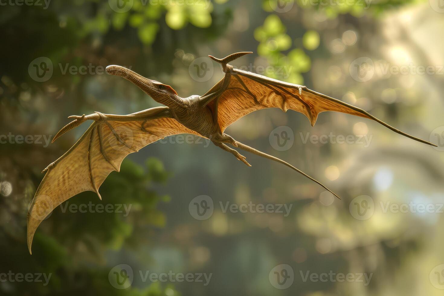 Lifelike 3d rendering of a flying pterosaur with detailed wings against a hazy forest backdrop photo