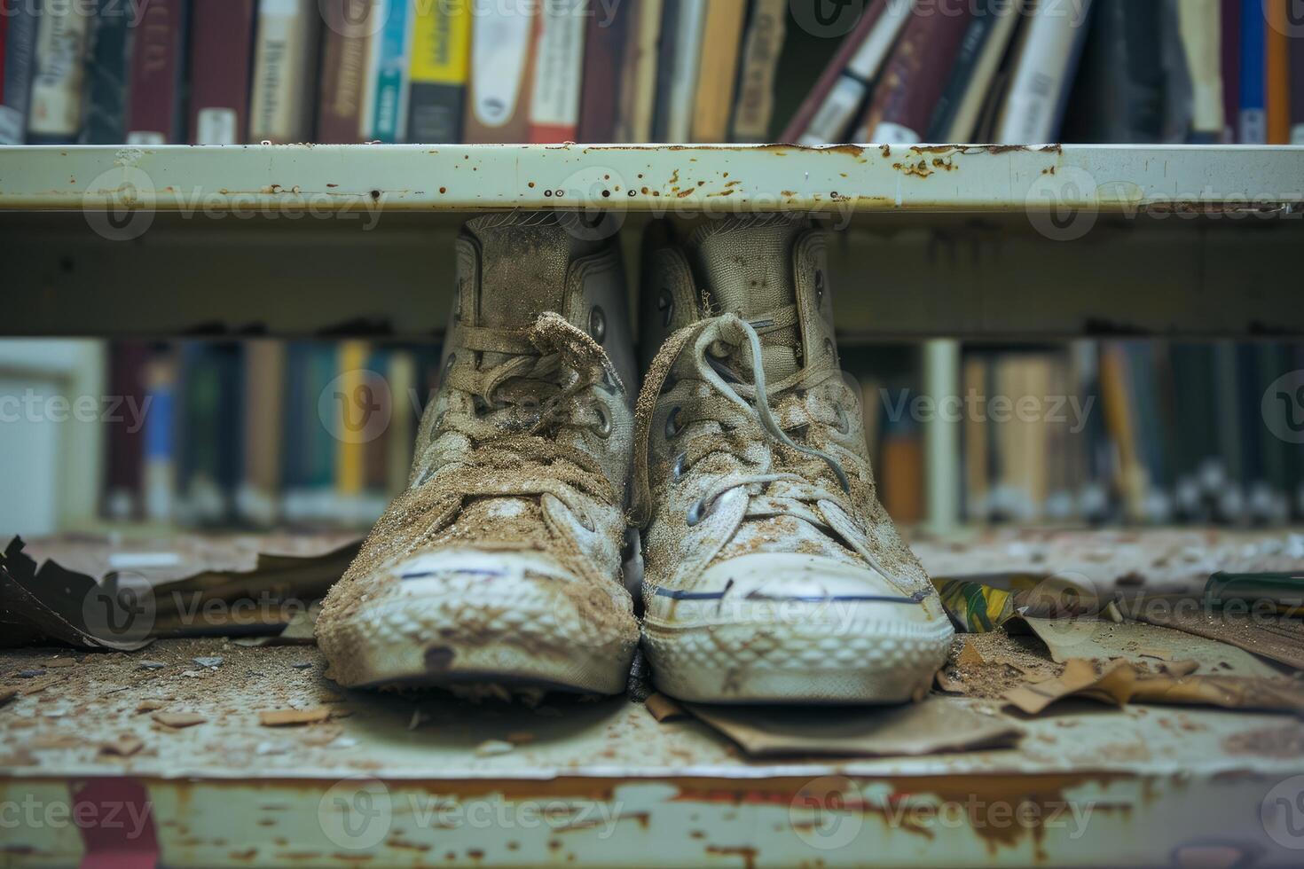 Dirty sneakers on library shelf photo