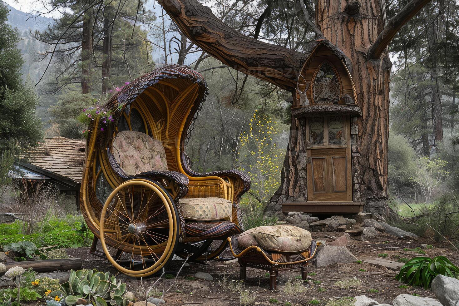 Enchanted forest retreat with vintage carriage seating photo