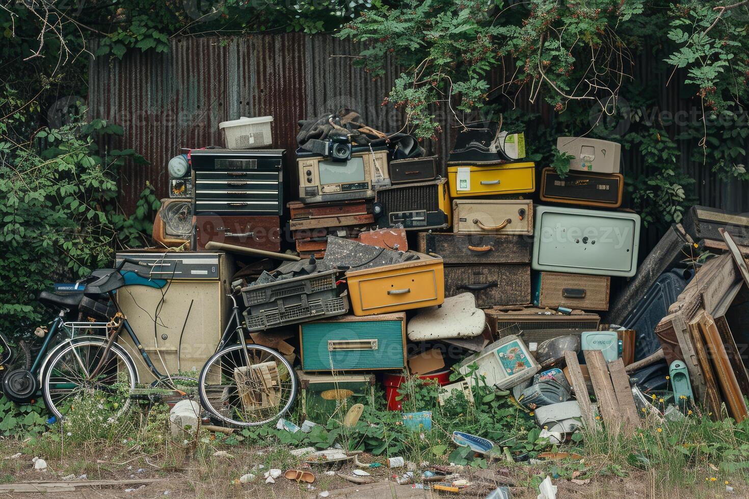 Abandoned electronics and furniture by a rustic fence photo