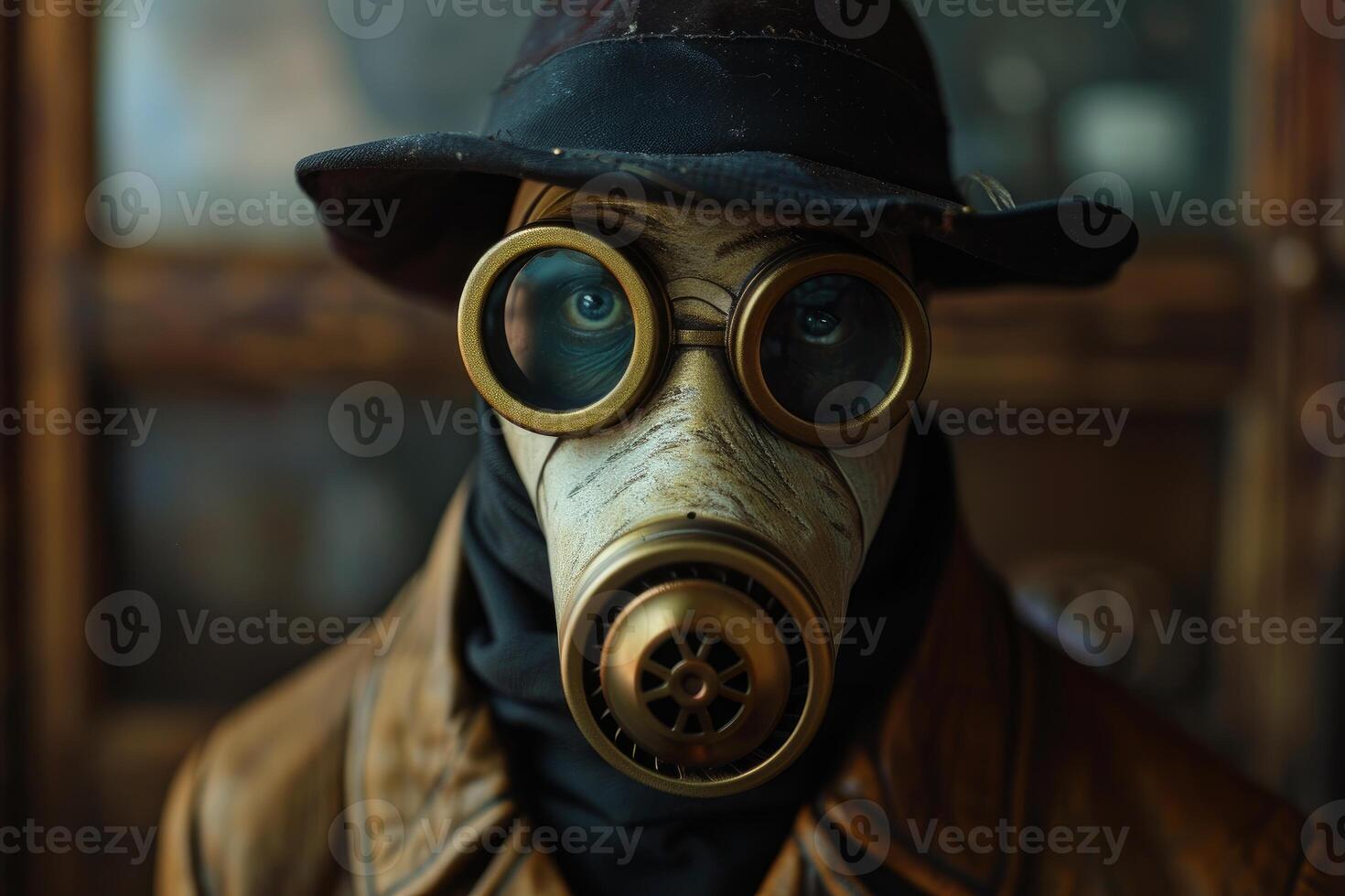 Vintage gas mask with leather hat portrait photo