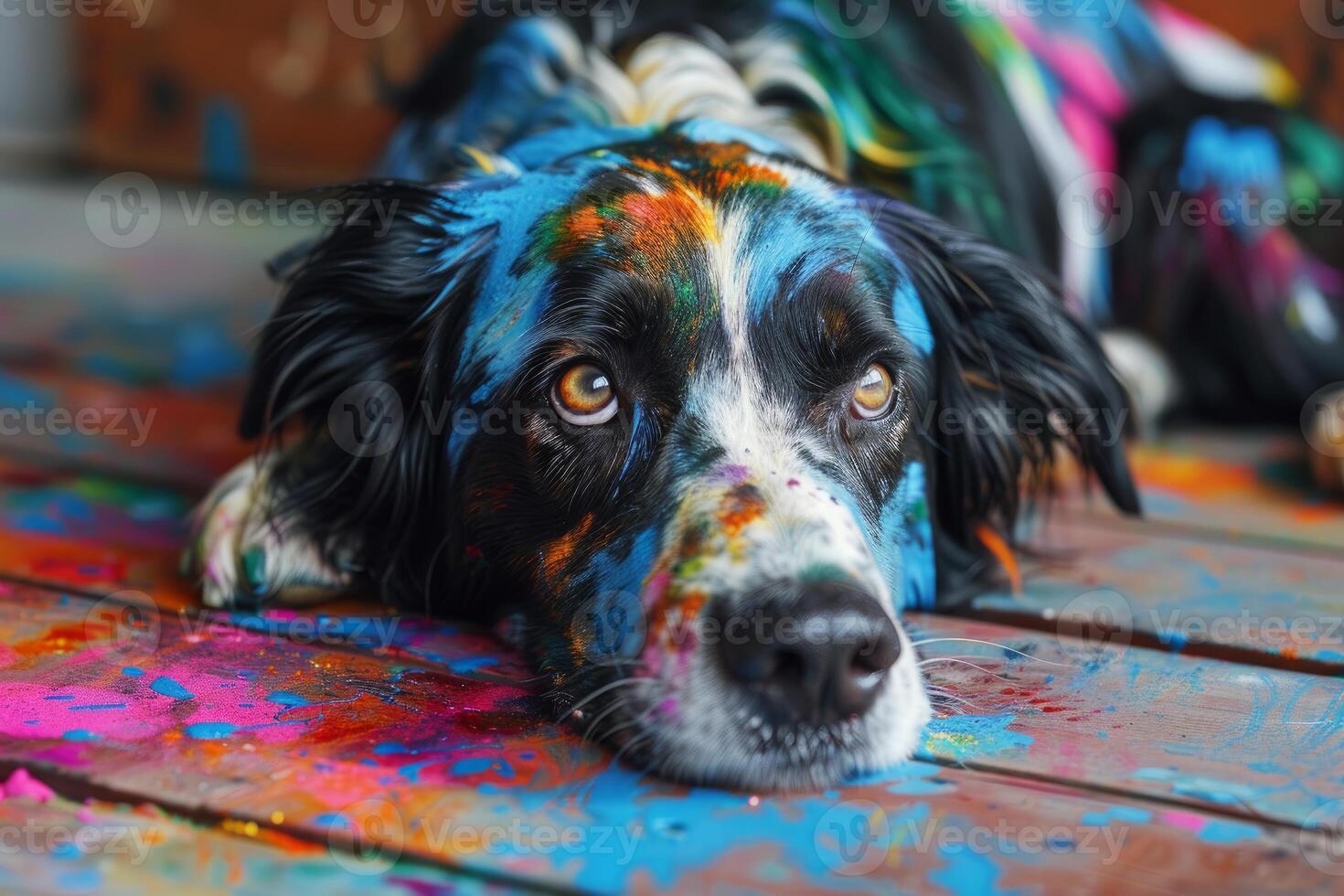 Black and white dog splattered with vibrant paint lies on a colorful backdrop photo