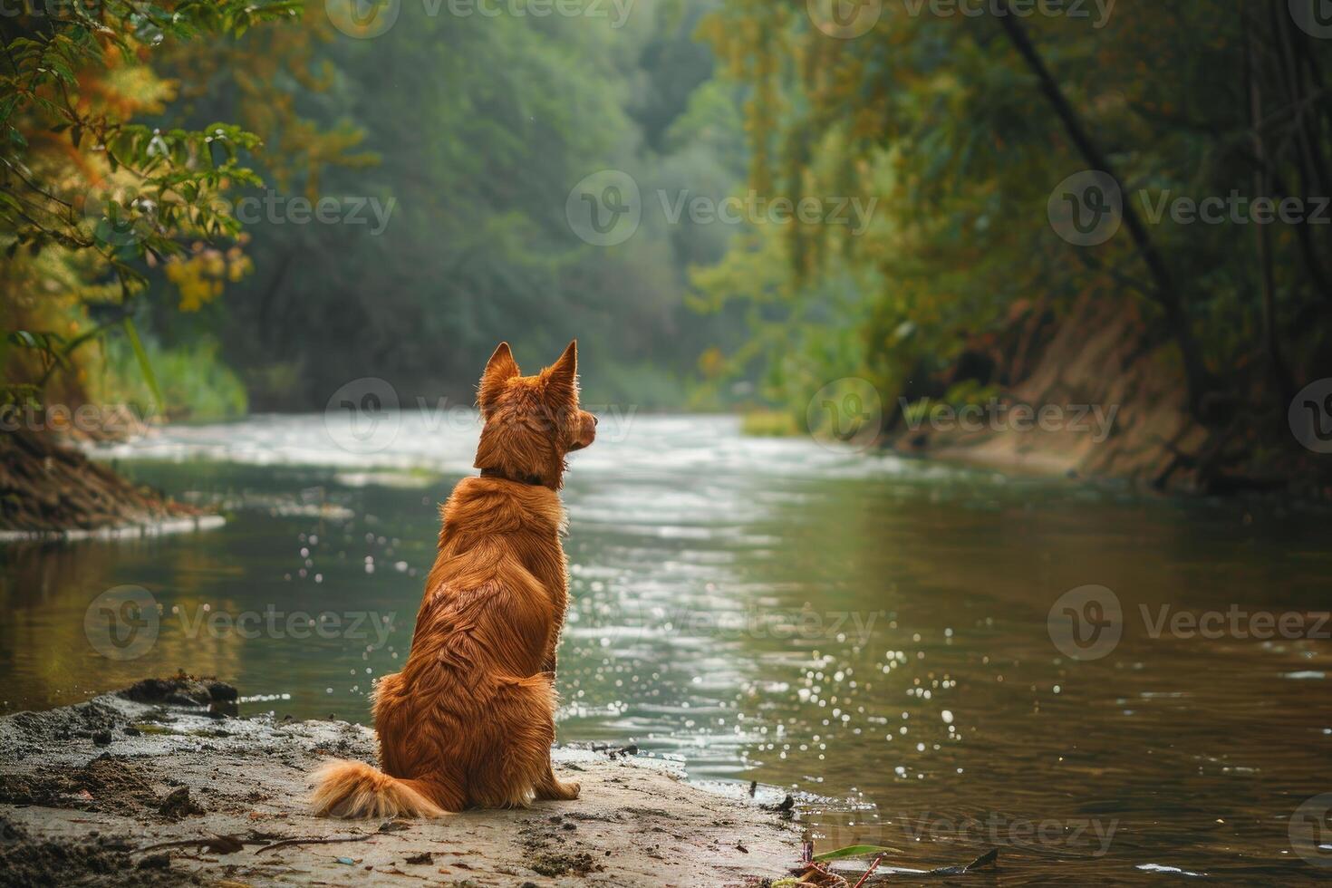 A thoughtful dog sits by a calm river, surrounded by lush greenery photo