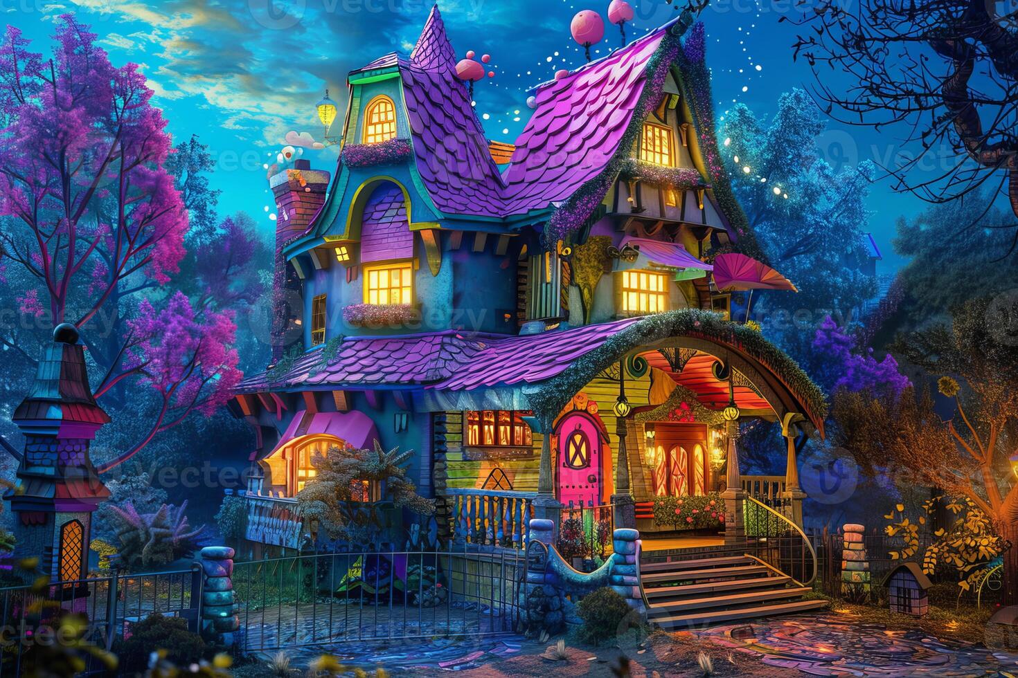 Enchanted fantasy cottage at twilight photo