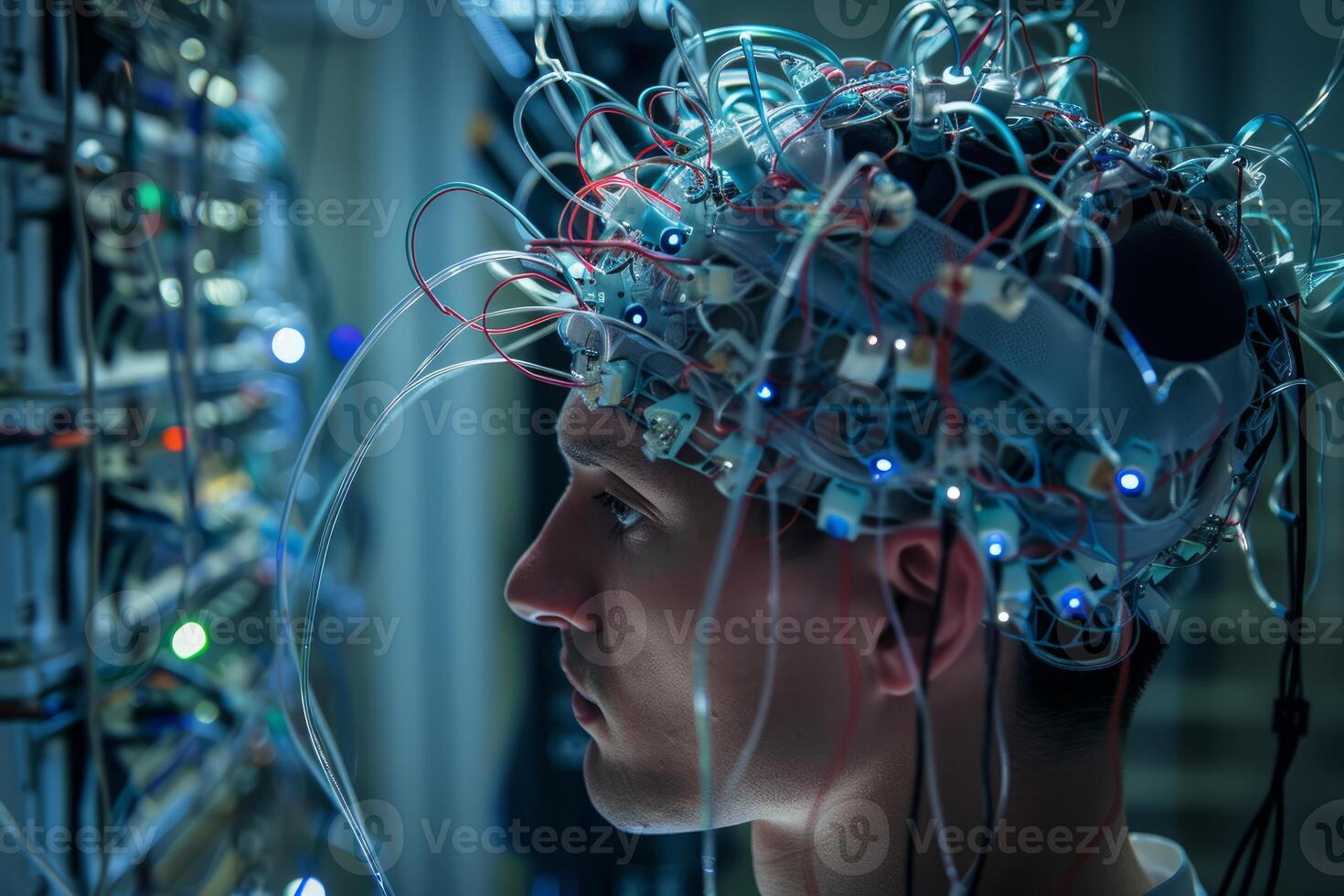 Man in brainwave scanning headgear with illuminated wires photo