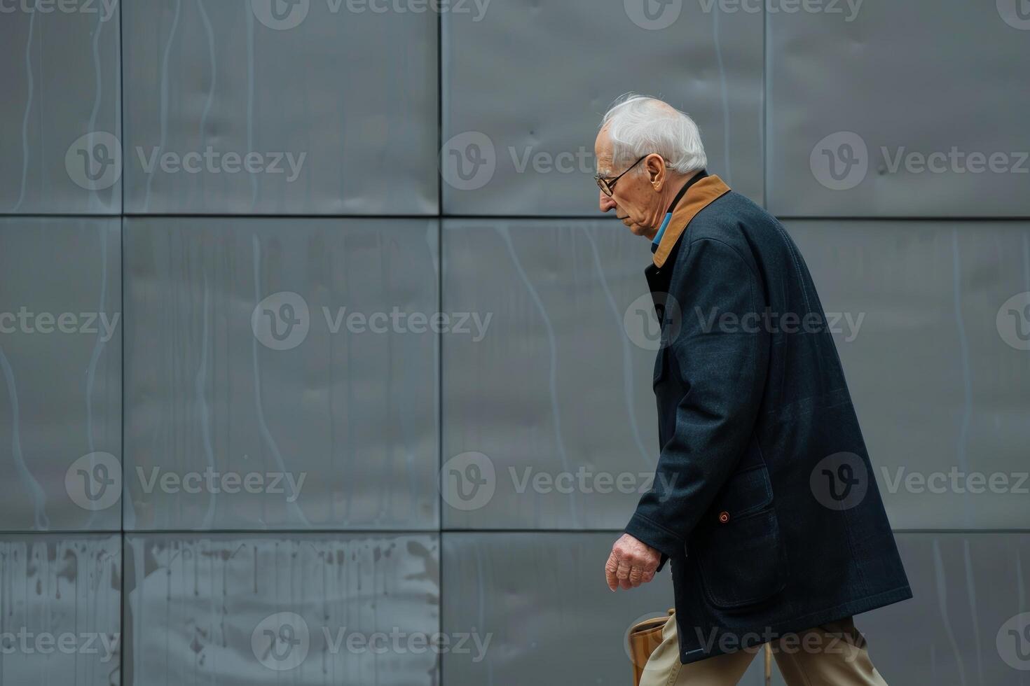 Elderly man walking by a modern wall photo