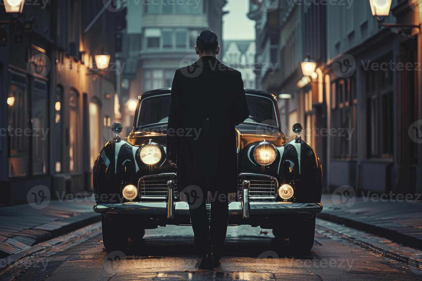 Mysterious man with classic car on foggy night photo