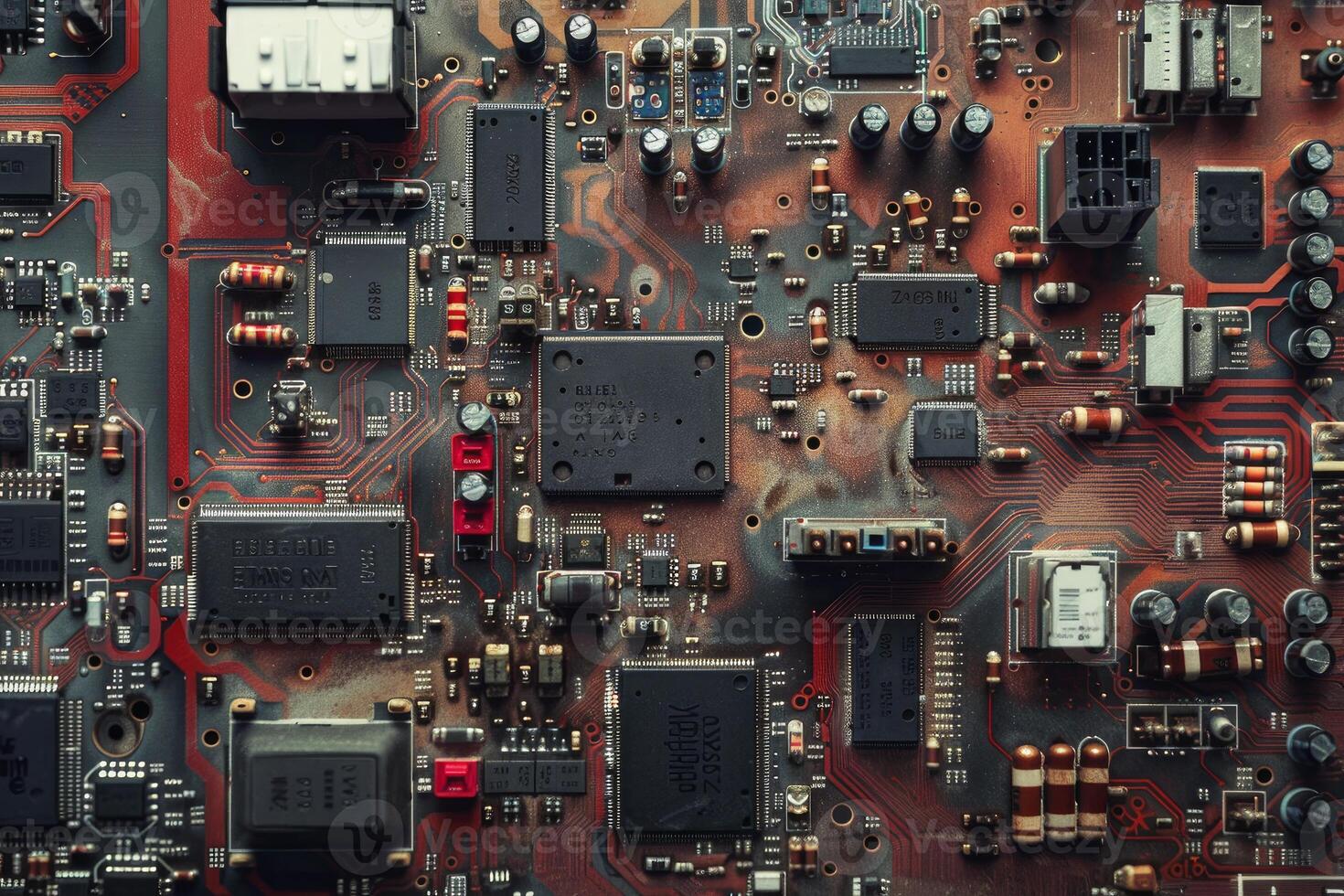 Detailed view of a complex electronic circuit board with various components photo