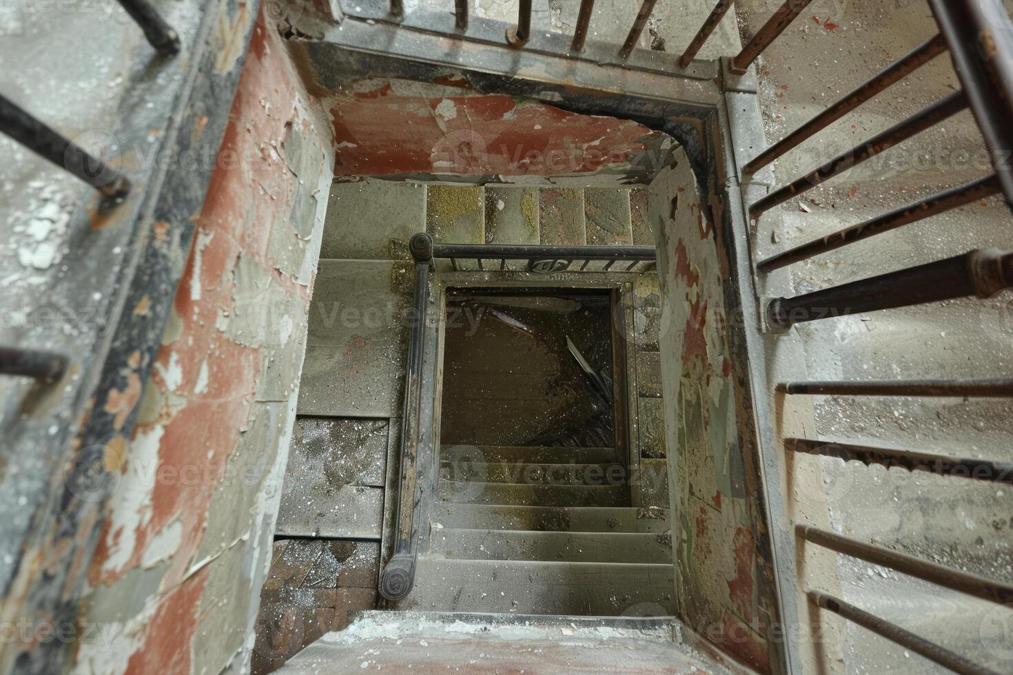 Abandoned building staircase with peeling paint photo