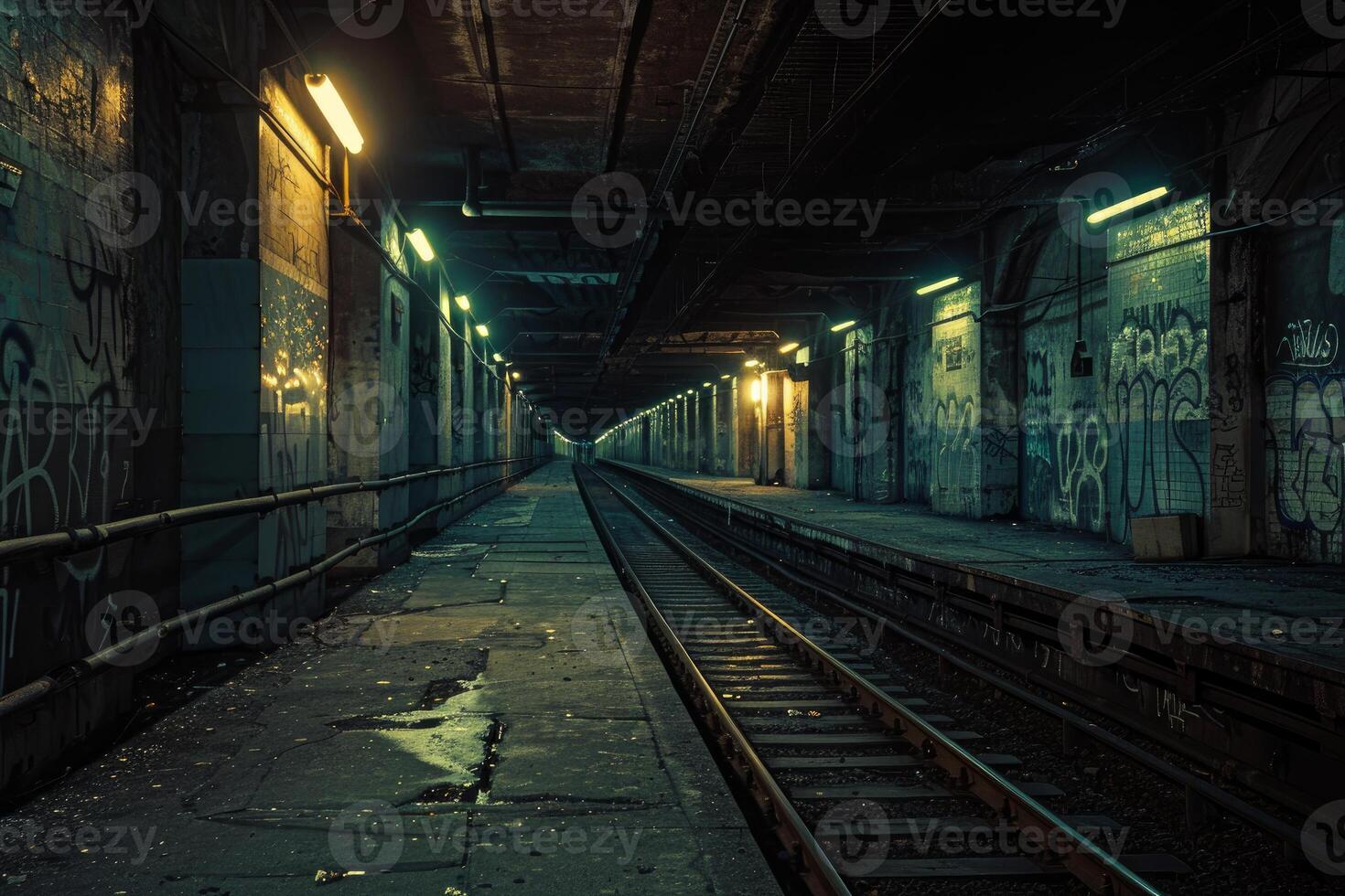 Abandoned subway tunnel at night with graffiti photo