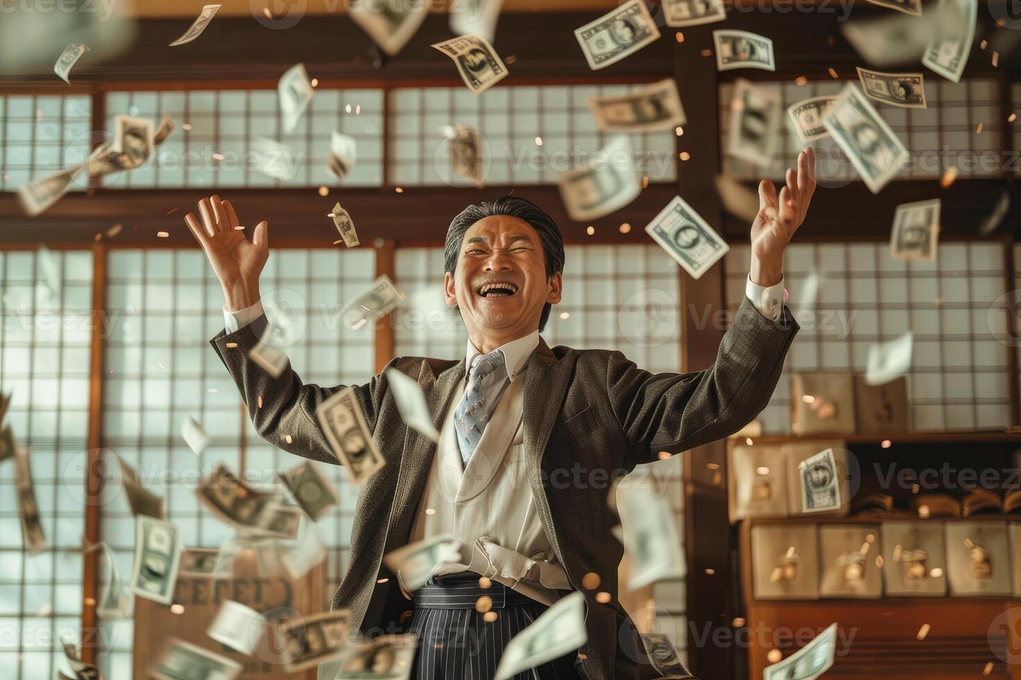 Ecstatic businessman celebrating financial success photo