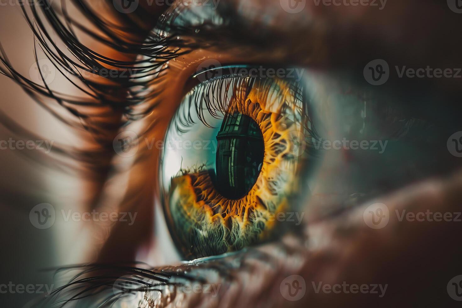 Closeup of a human eye reflecting a window photo
