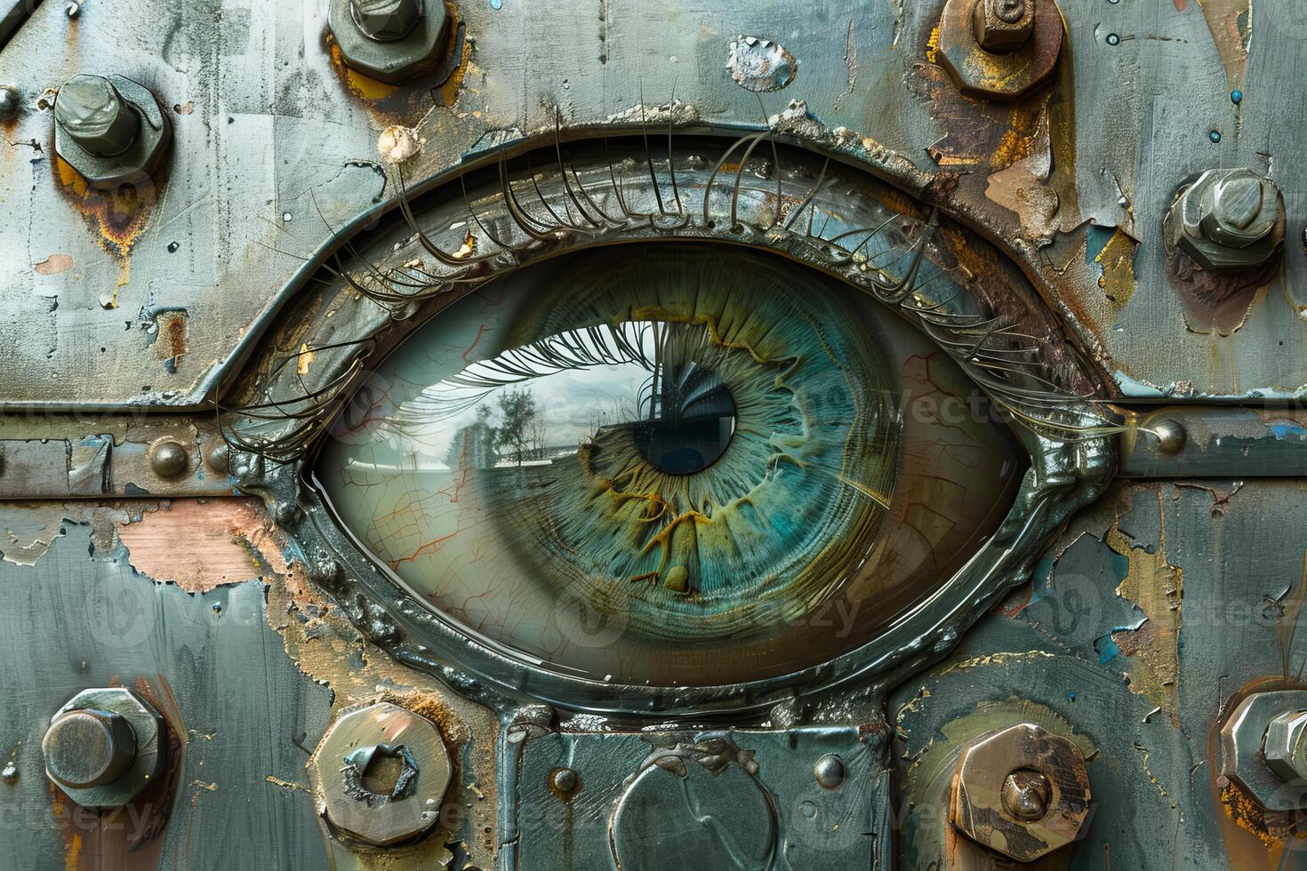 Futuristic mechanical eye on metal surface photo