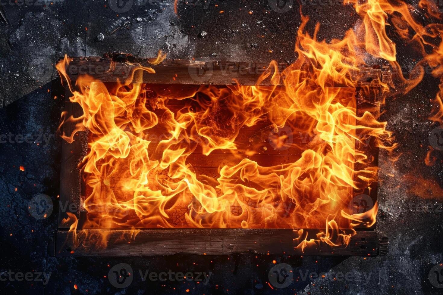 Intense flames engulfing wooden crate on dark background photo