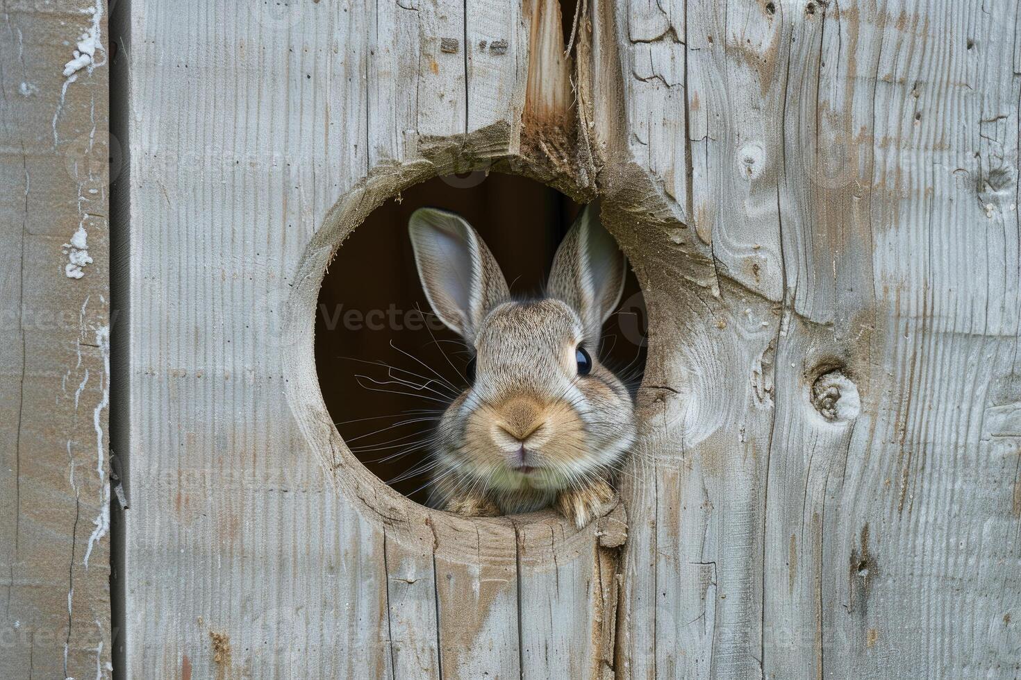 Curious rabbit peeking through wooden hole photo