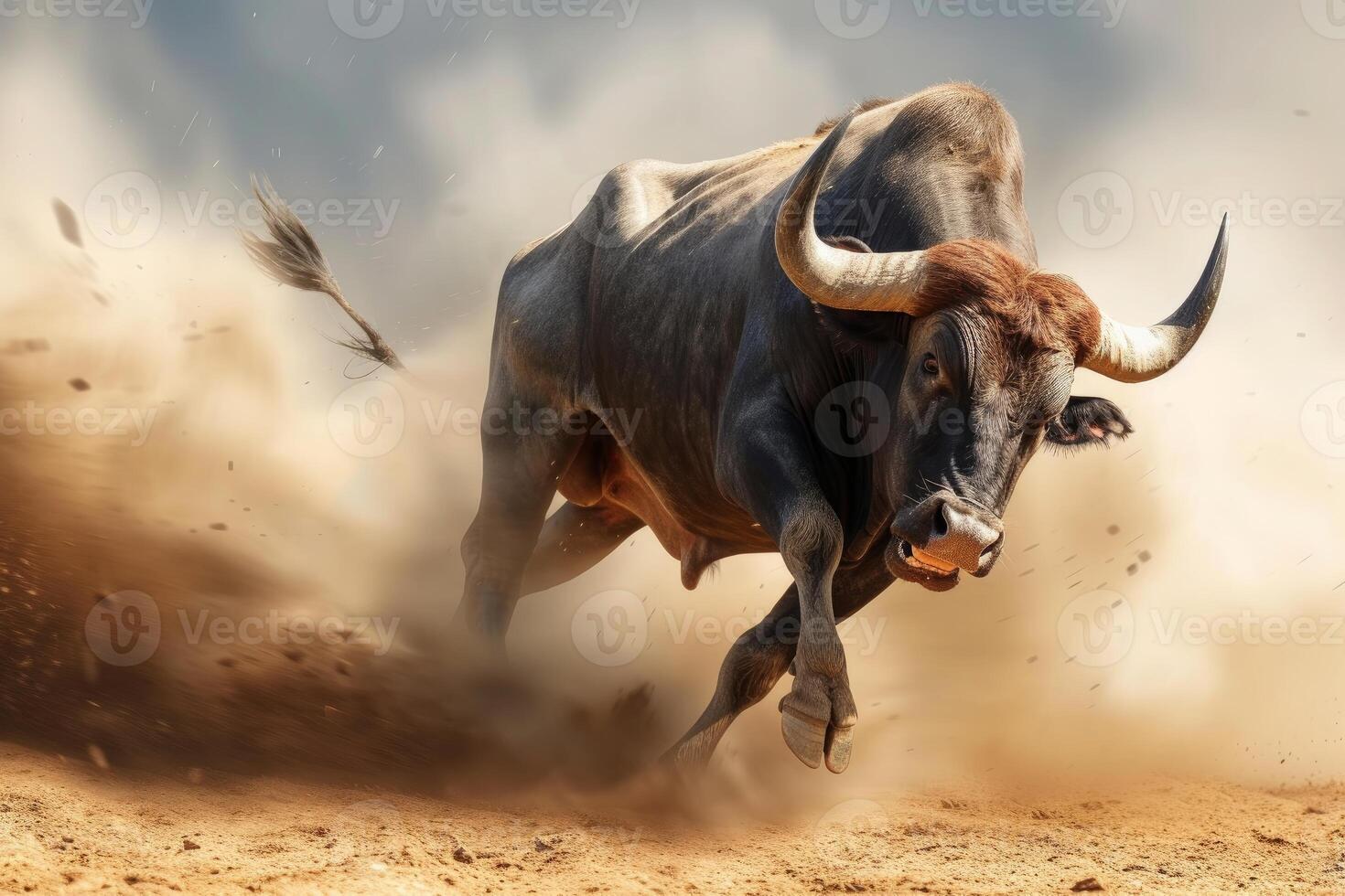 Charging bull in dusty arena photo