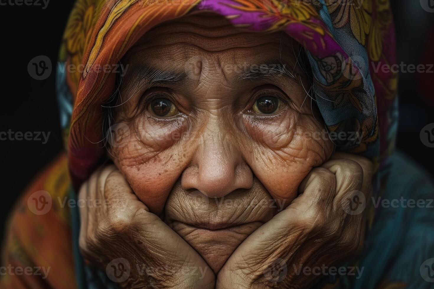 Portrait of an elderly woman with vivid headscarf photo