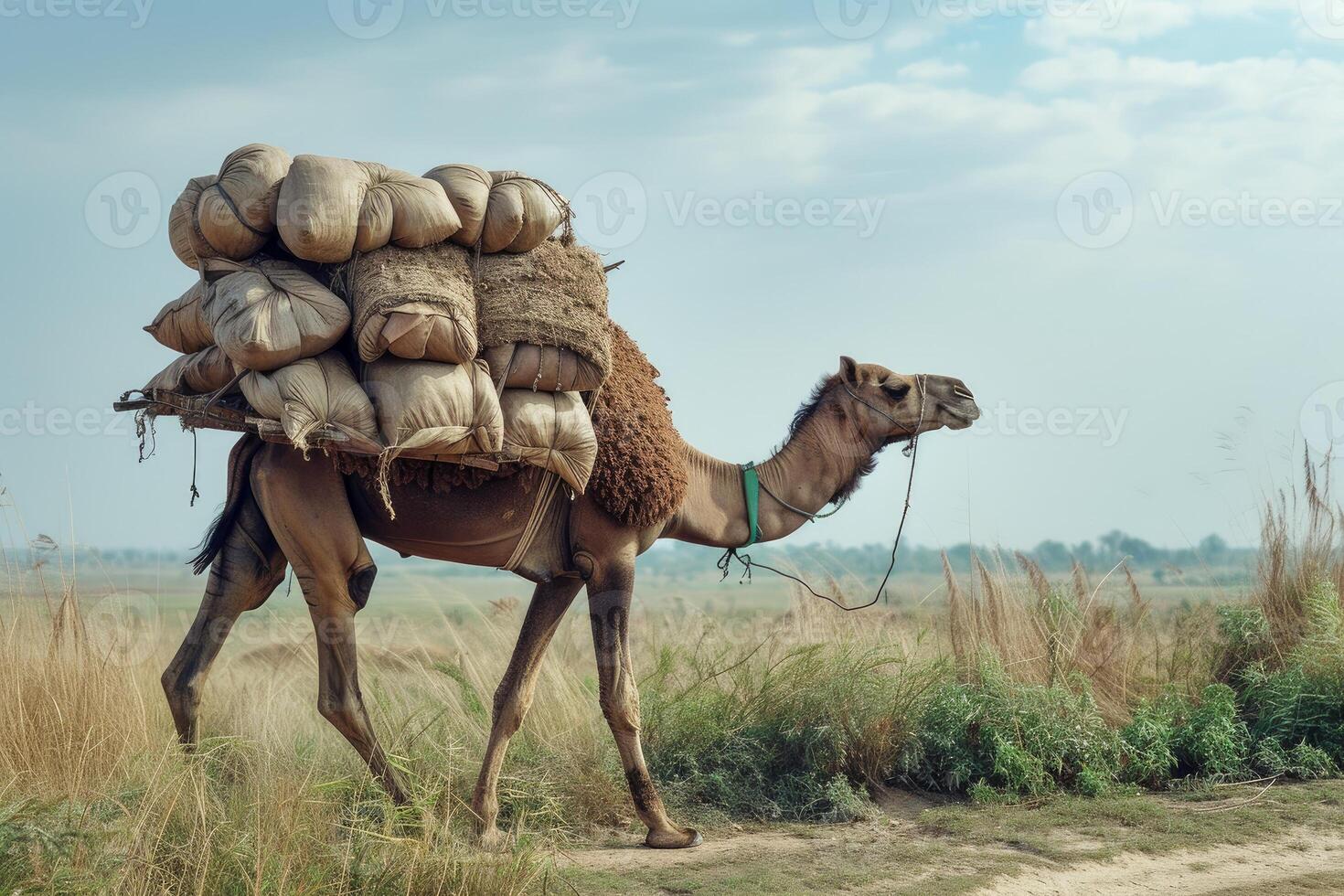 Heavy load camel on rural path photo