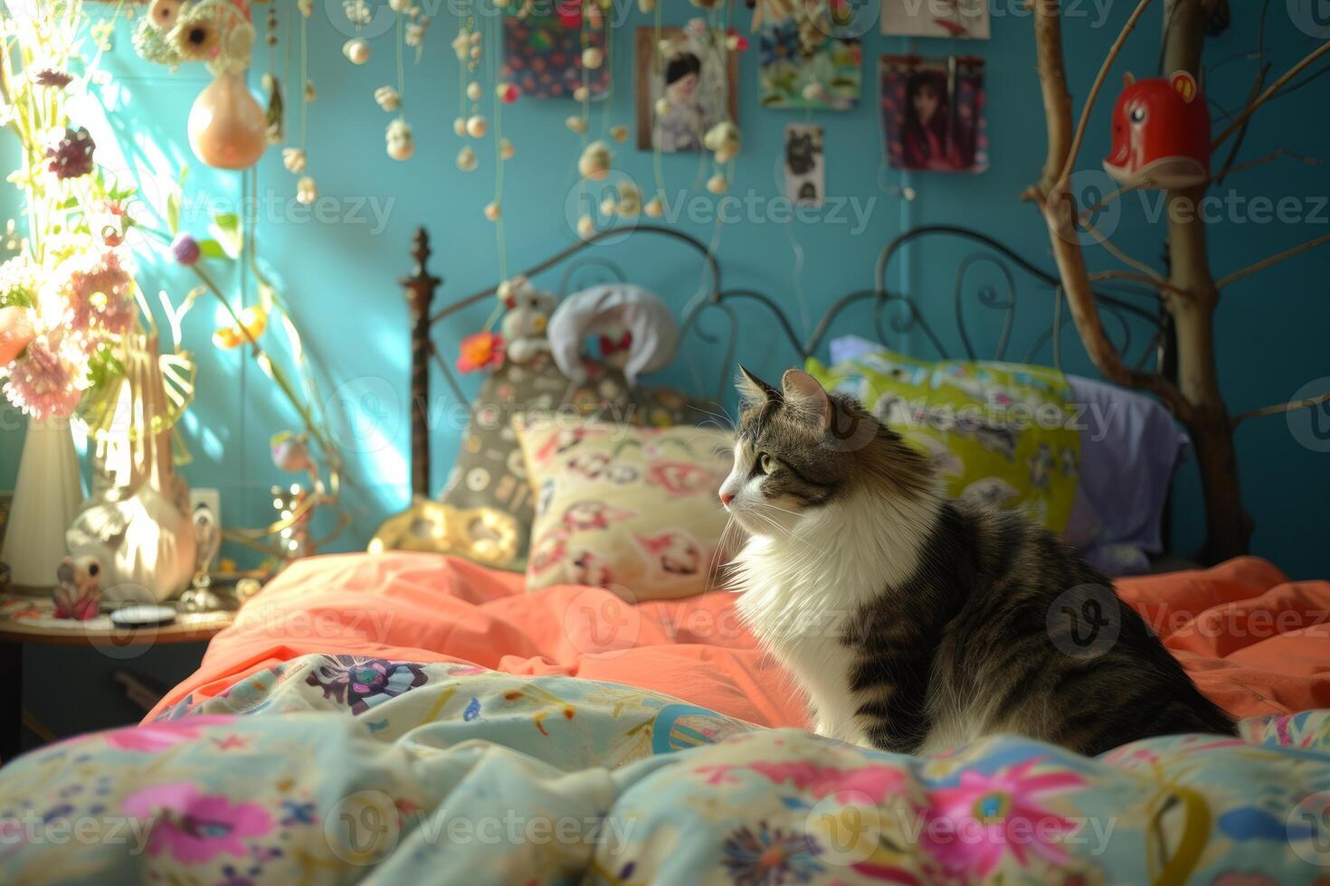 Cozy bedroom with cat on bed photo