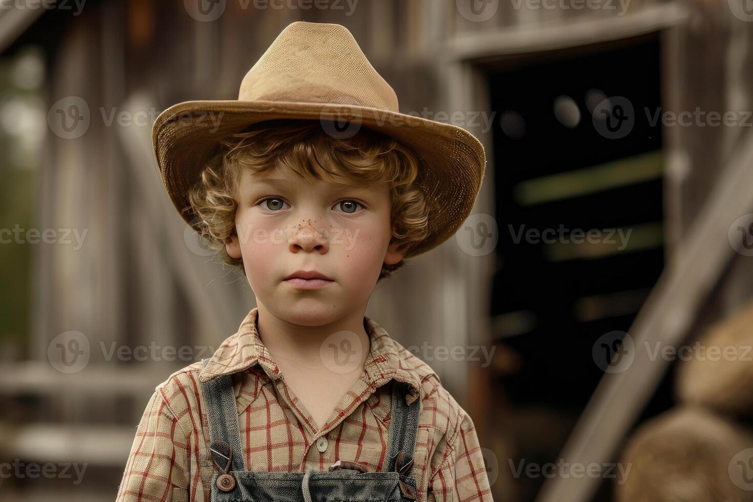 Young boy in cowboy attire on farm photo