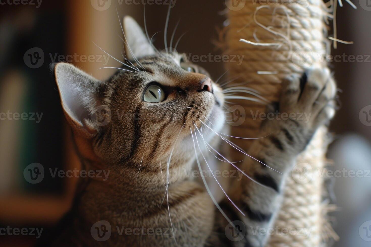 Serene tabby cat playing with scratching post photo