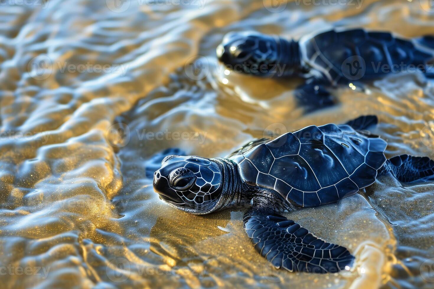 Baby sea turtles journeying into ocean at sunset photo