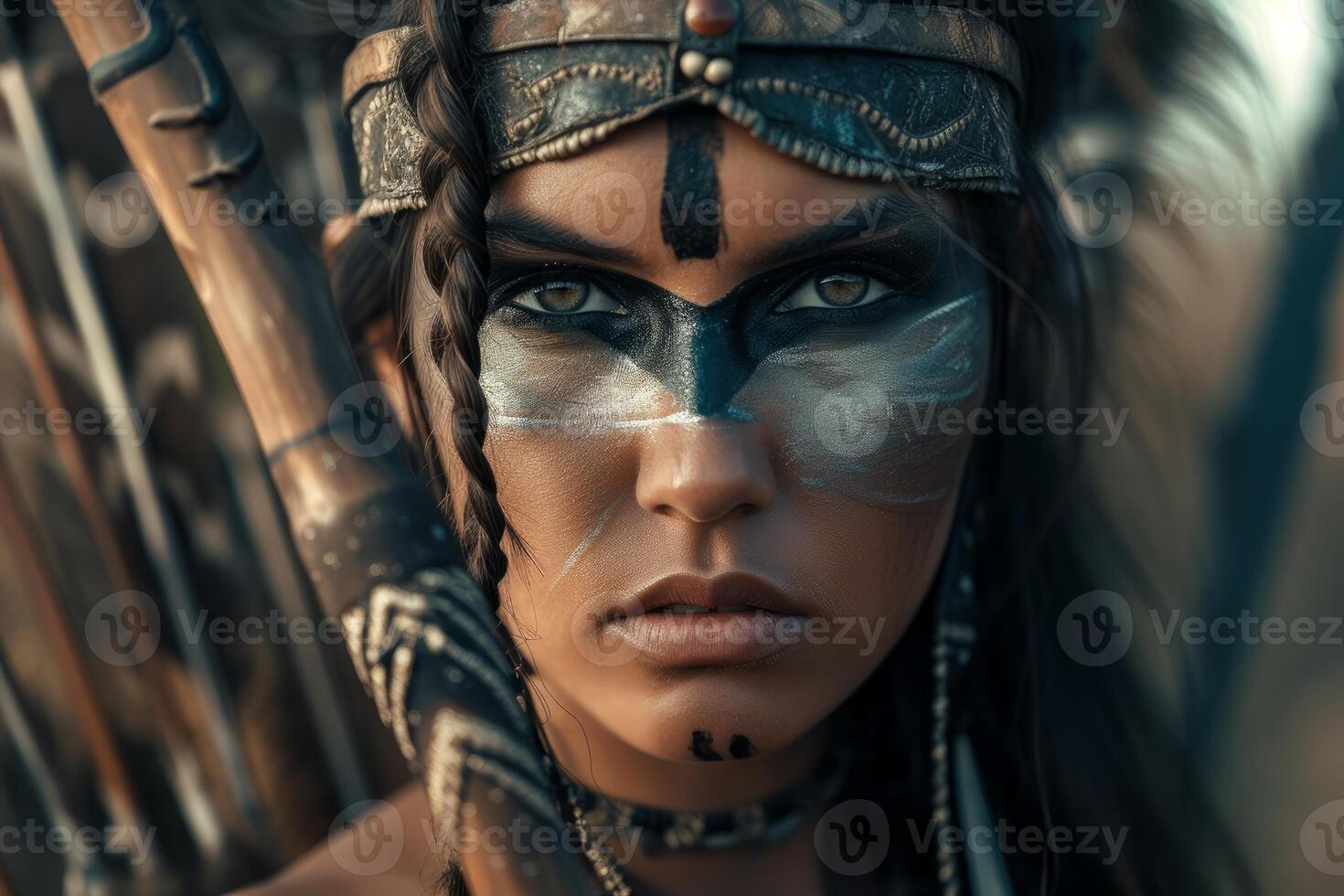 Tribal warrior woman with intense gaze photo