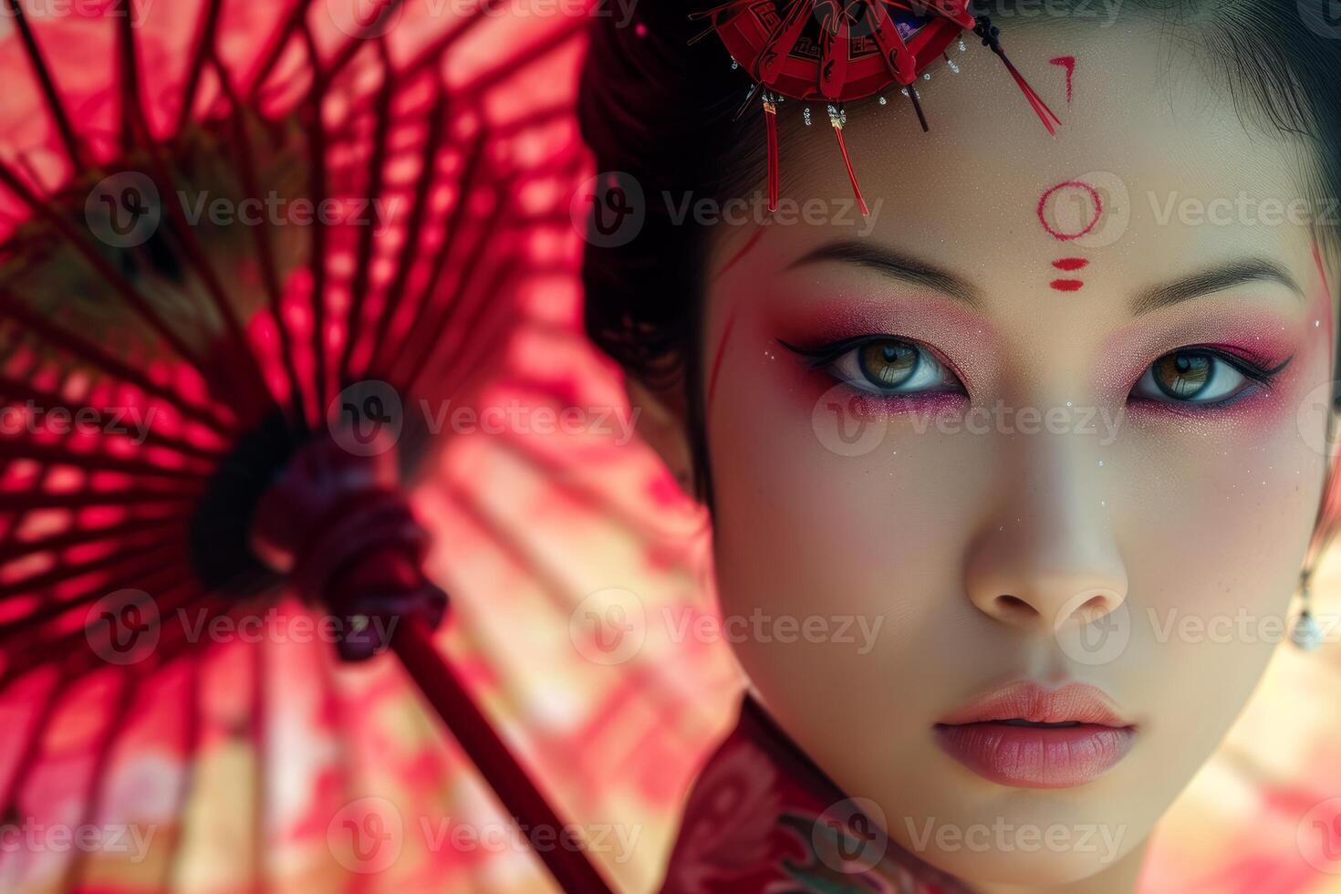 Enigmatic woman with traditional red umbrella photo