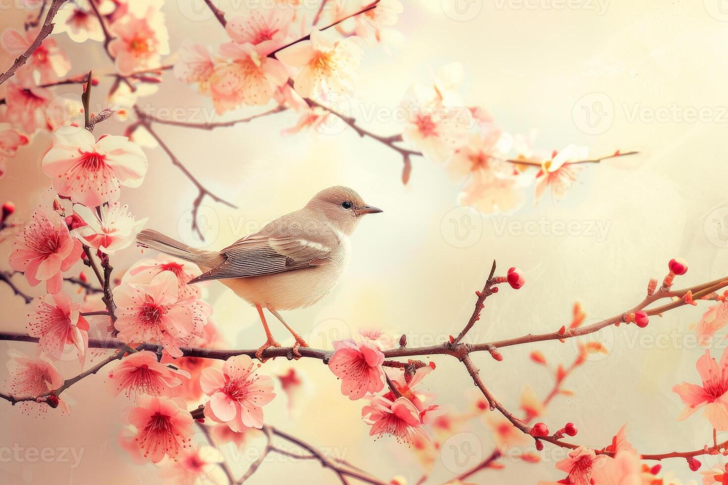 Blossomed Small bird on tree branch with flowers. Generate ai photo