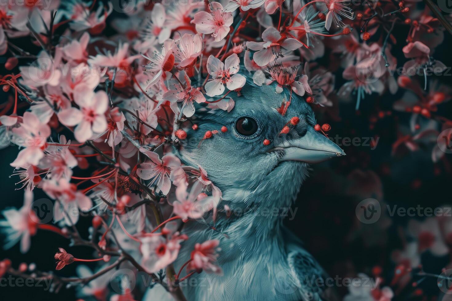 Vibrant Bird flowers portrait. Generate Ai photo
