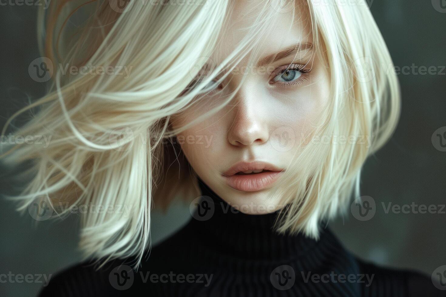 Mysterious blonde woman with intense gaze photo