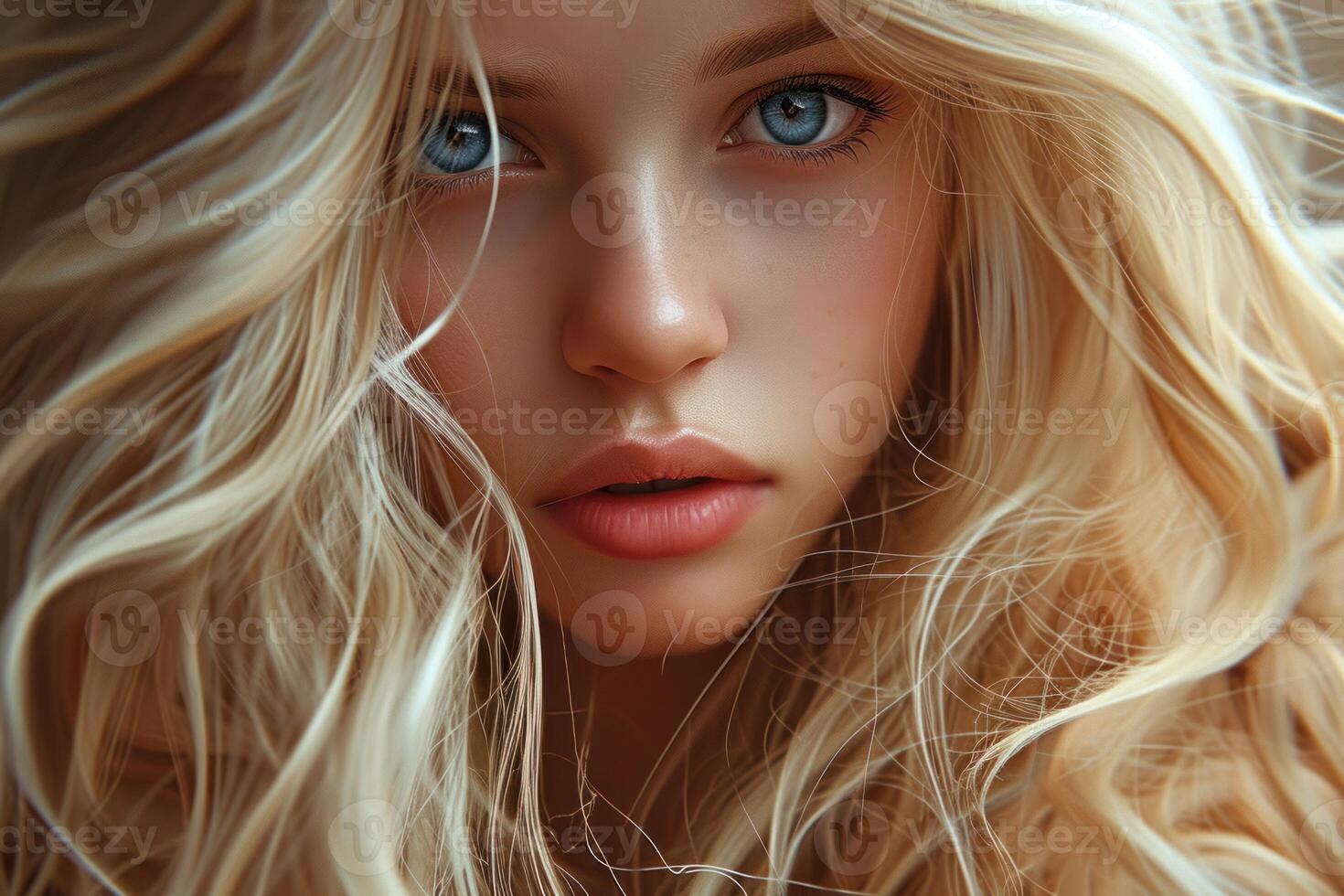 Enchanting blue-eyed blonde model close-up photo