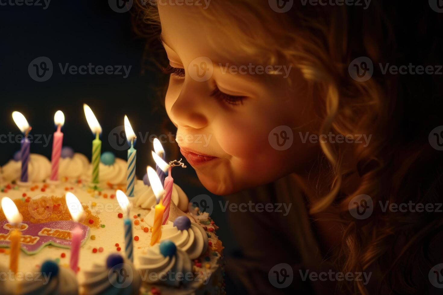 Joyful child blowing birthday candles photo