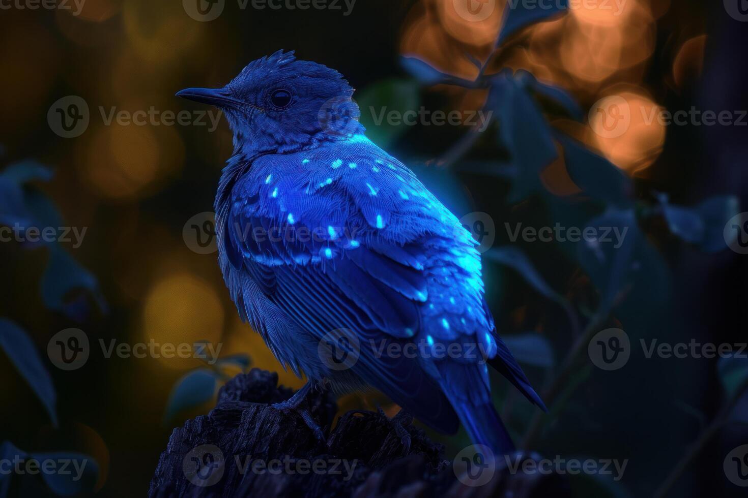Magical glowing blue bird in mystical forest photo
