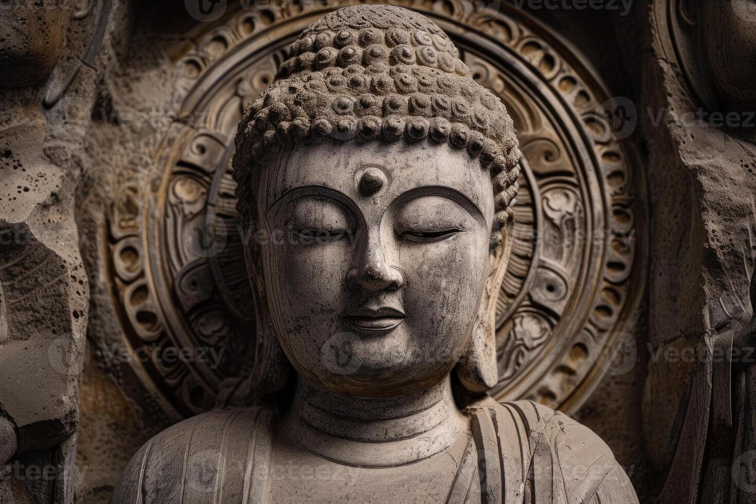 Detailed capture of a peaceful buddha sculpture with intricate carvings photo