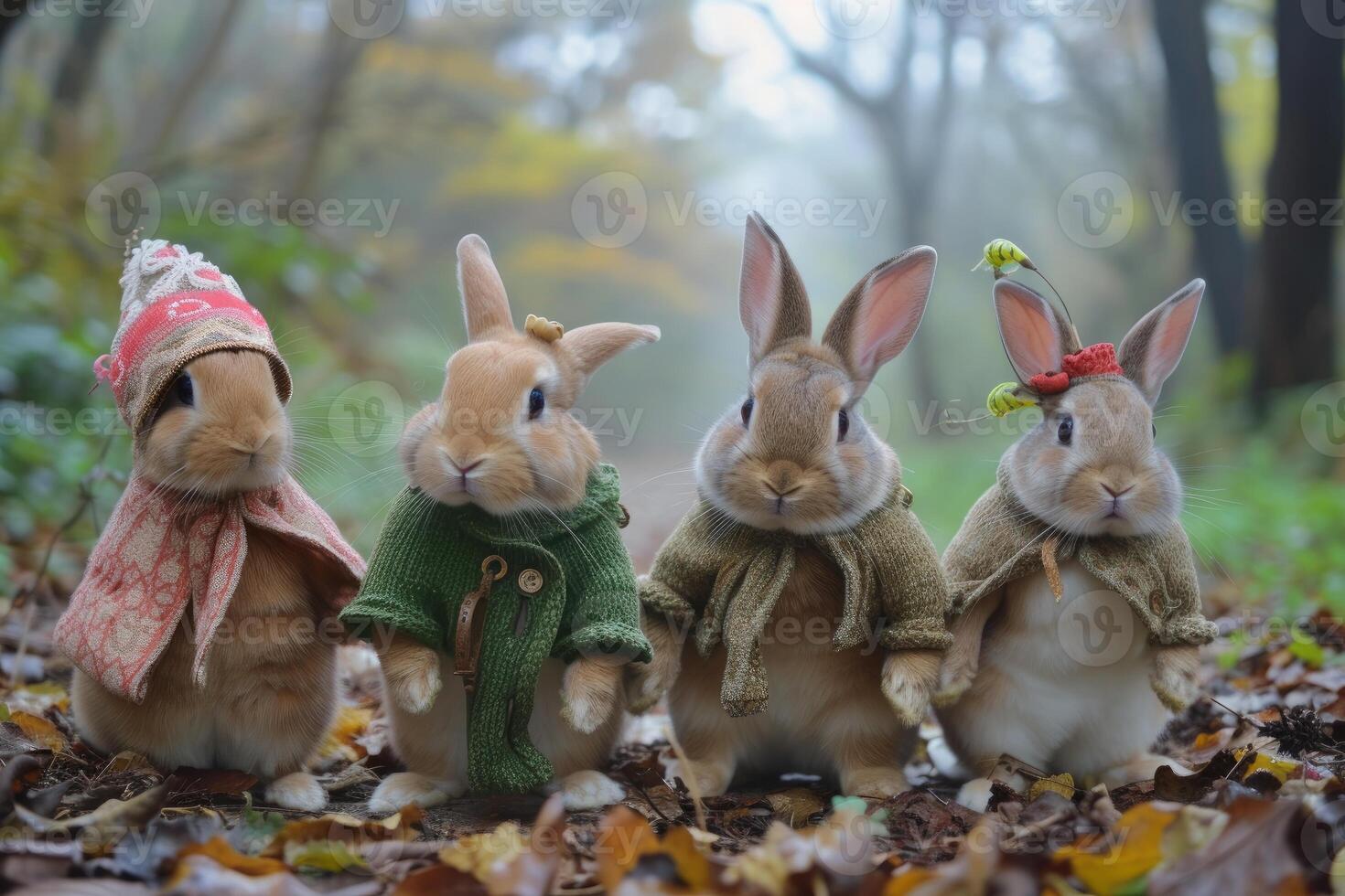Adorable dressed-up rabbits in misty autumn forest photo