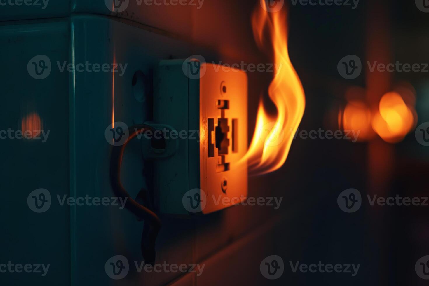 Electrical hazard concept with outlet on fire photo