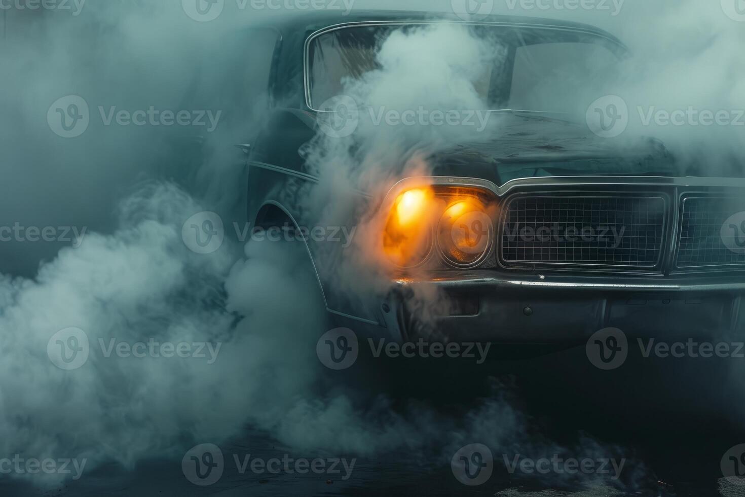 Mysterious car in dense fog with glowing headlight photo