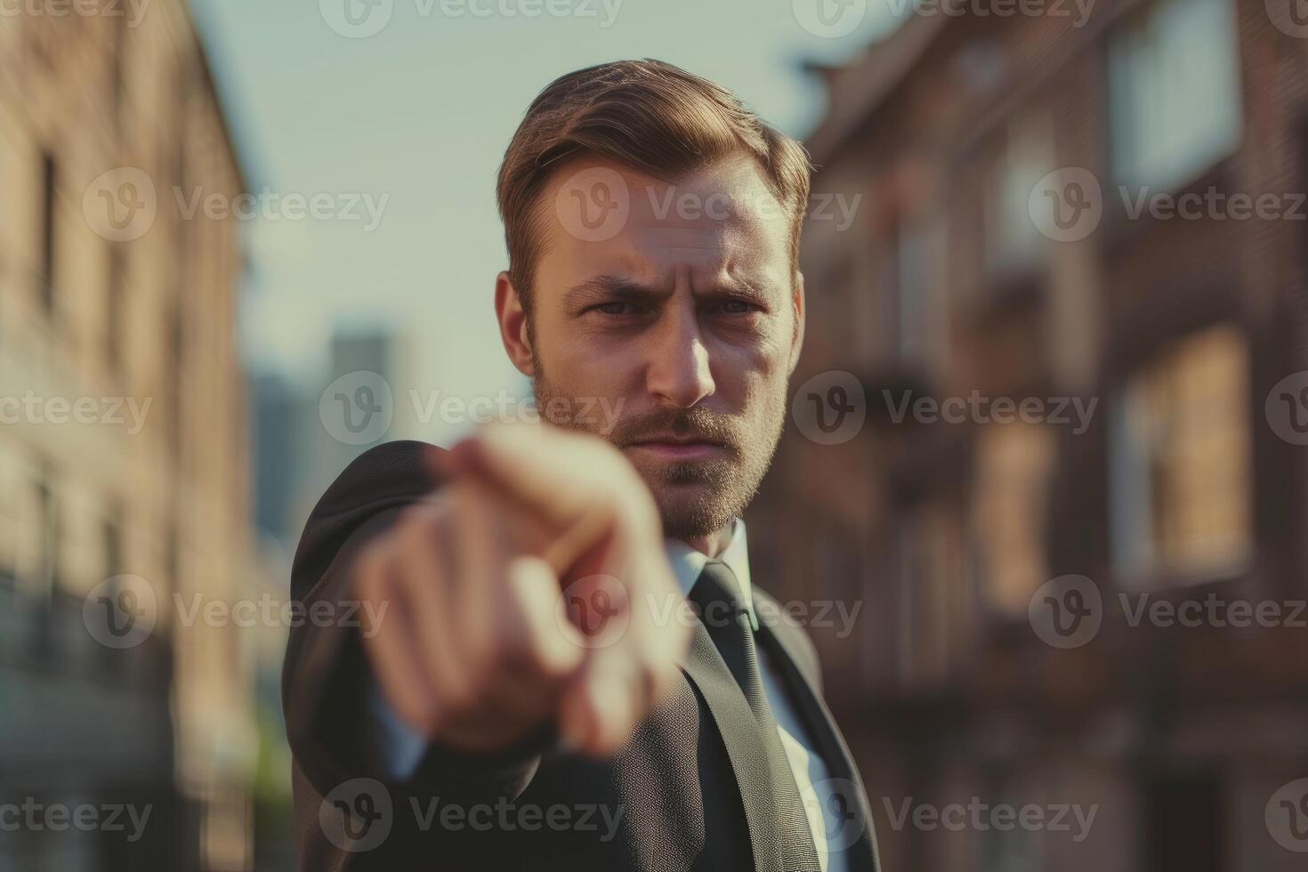Serious young man in a suit pointing at the camera with an urban background photo