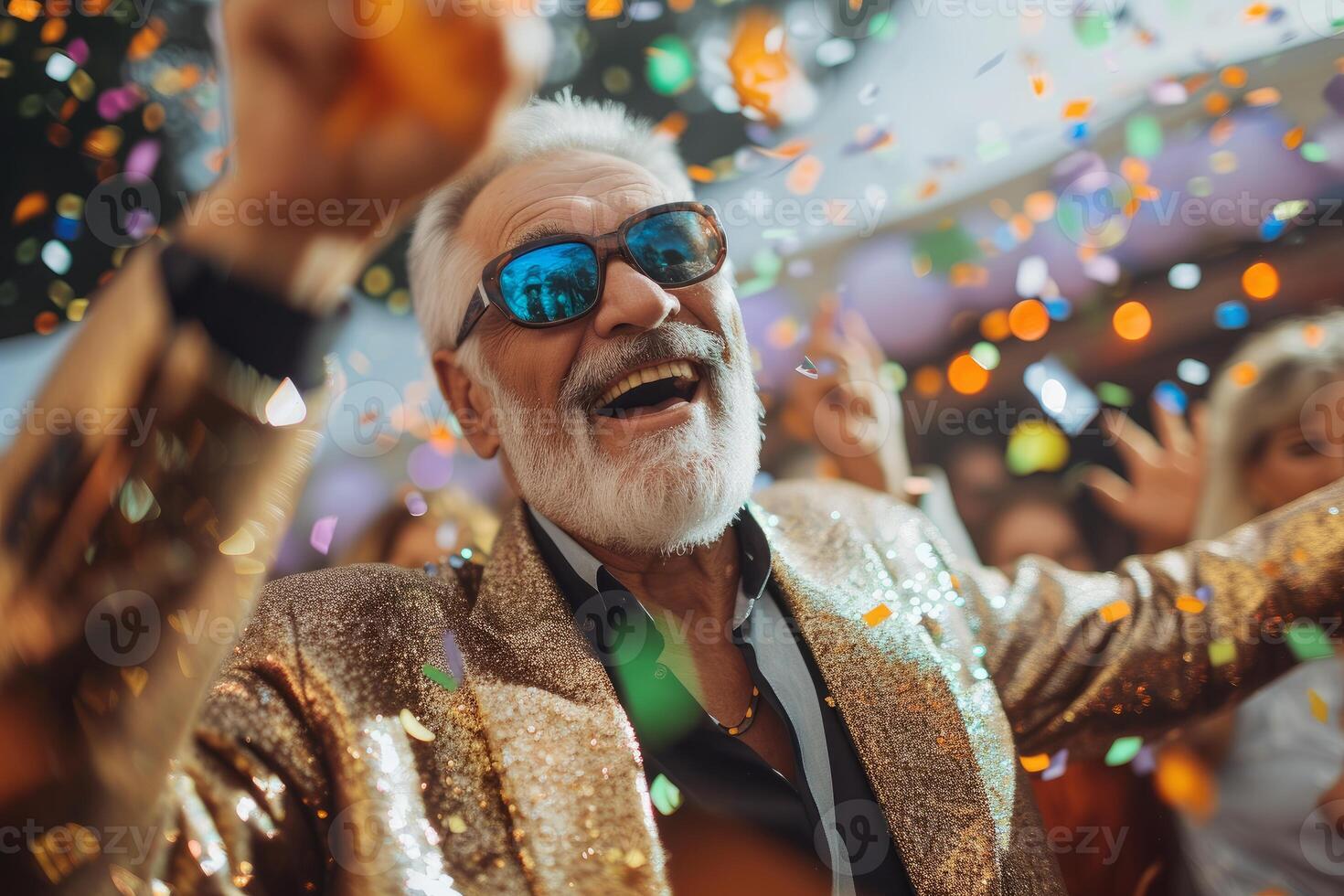 Joyful senior man celebrating with confetti photo