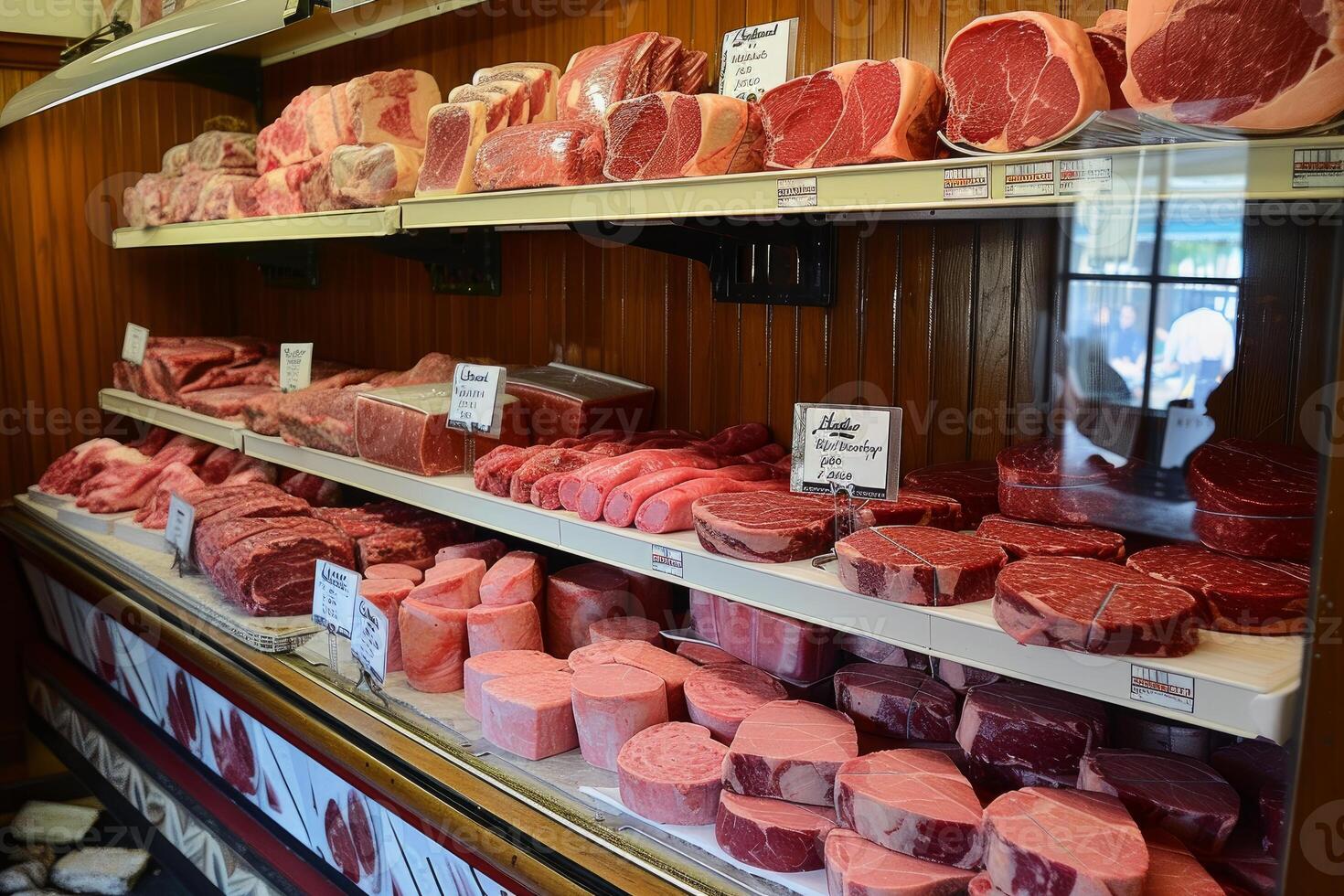 Variety of fresh meats displayed at butcher shop photo