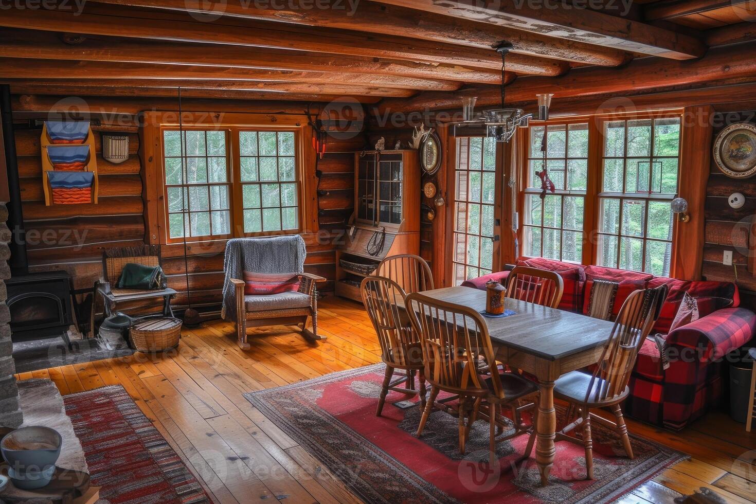 Cozy rustic cabin interior with warm wood tones photo