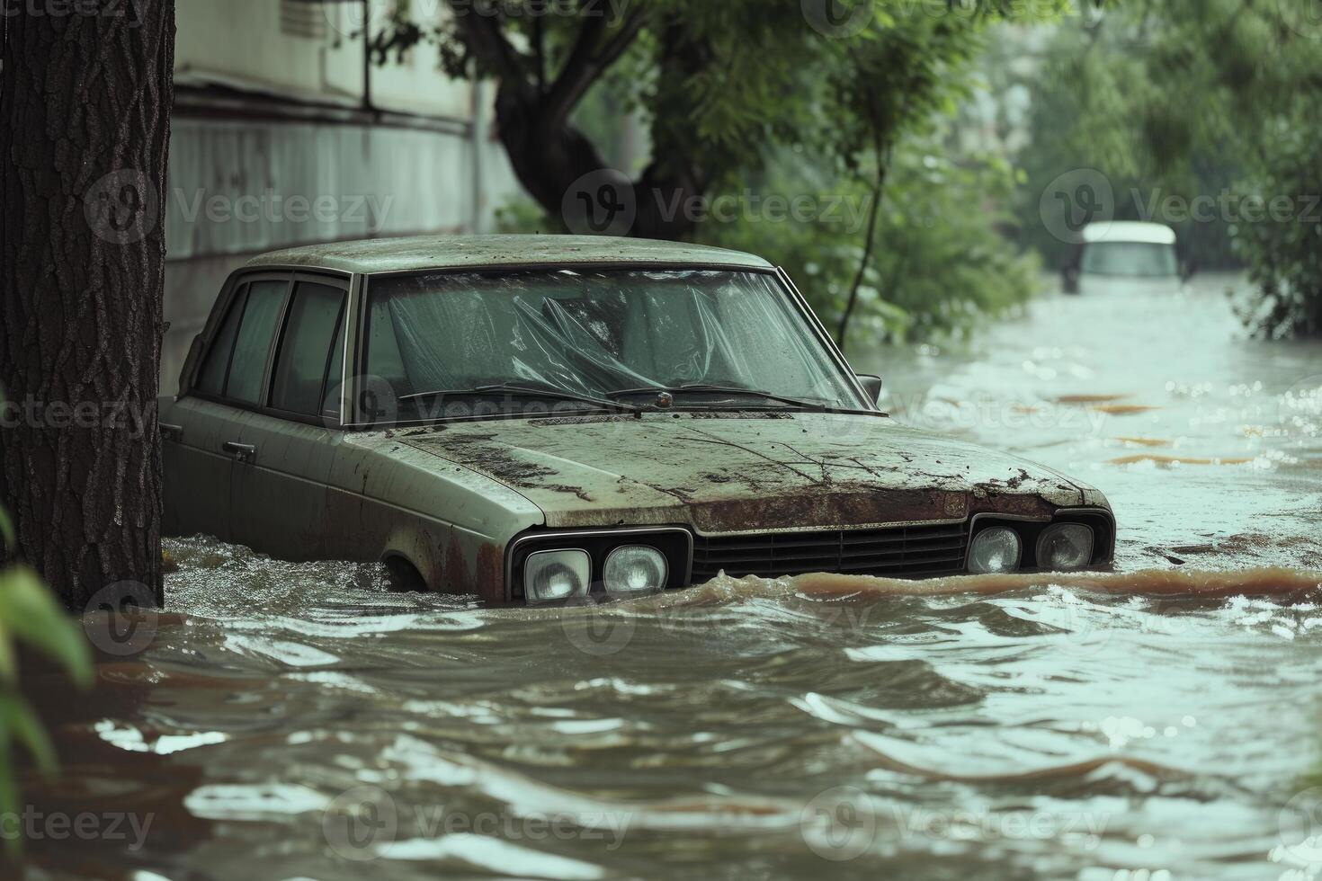 Vintage car is halfsubmerged in rising floodwaters on a treelined street photo