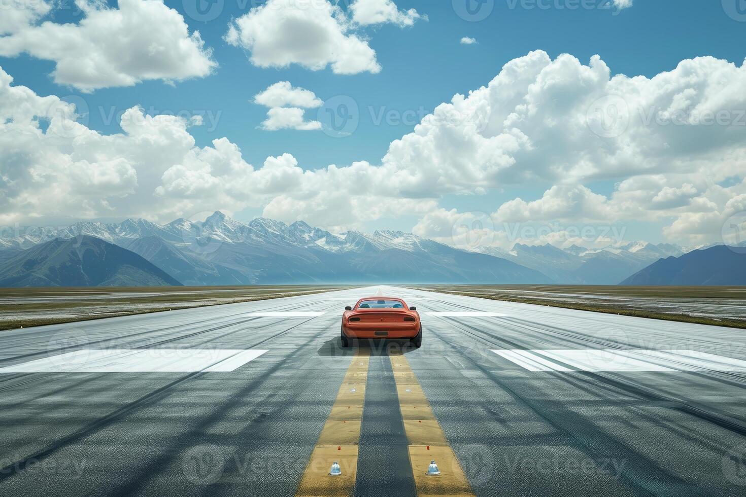 Red sports car on desert runway with mountain backdrop photo