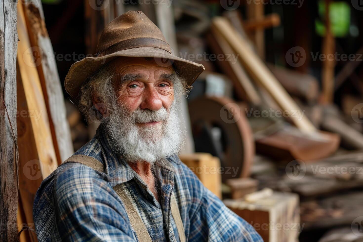 Wise elderly craftsman resting in wood workshop photo