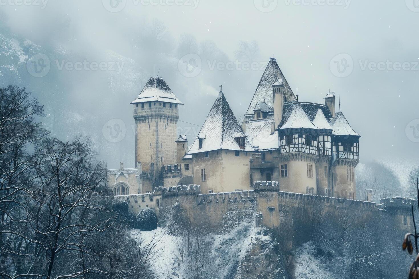 Enchanting snowcovered castle in winter landscape photo